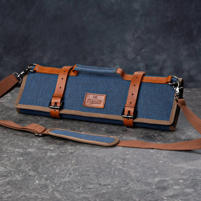 ITAMAE Canvas Denim Knife Bag – durable blue canvas and brown leather roll for chefs and culinary students.