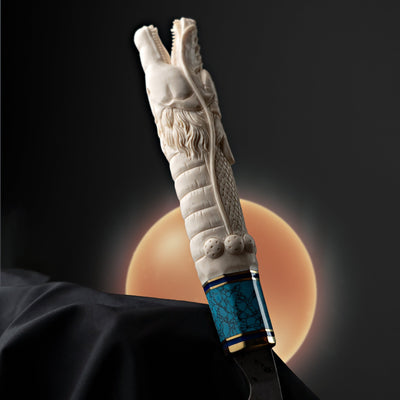 Itamae Shenron Knife with dragon inspired handle – anime-style artisan blade with carved dragon details and turquoise accent ring.