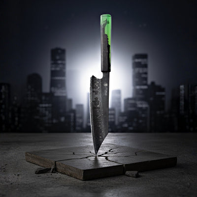 ITAMAE Kaiju Awakening hybrid Kiritsuke knife standing upright on cracked stone surface with glowing green resin handle.