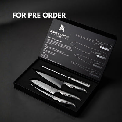 ITAMAE Manta Series Essential Set – 4-piece stainless steel chef knife set in premium black gift box, available for preorder.