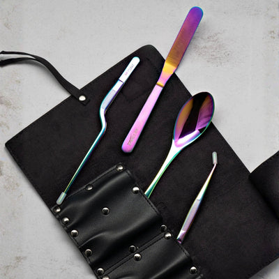 ITAMAE Monochrome Plating Set in black leather case with iridescent finish on tools.