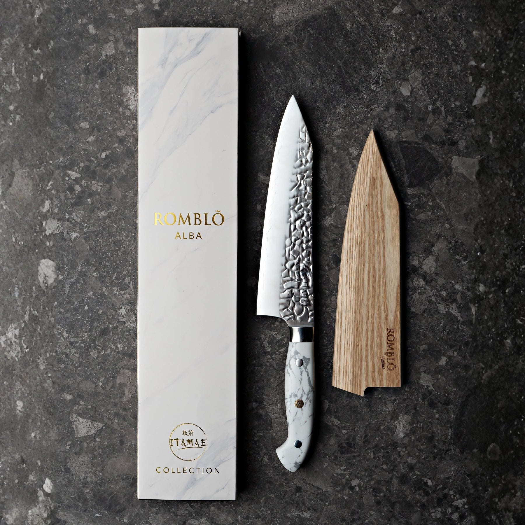 Rombl Alba White Marble Chef Knife By ITAMAE Limited Collection Rombl Alba White Marble Chef Knife By ITAMAE Limited Collection