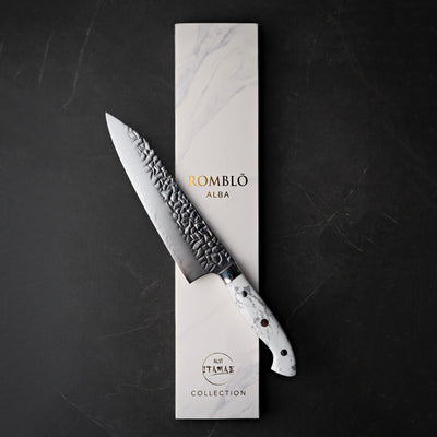Romblo Alba chef knife by ITAMAE with hammered blade and white marble handle