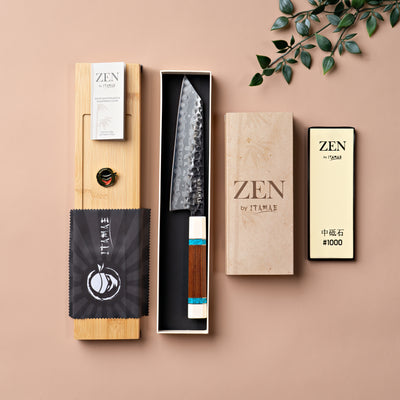 Zen by Itamae knife set with packaging on a beige background