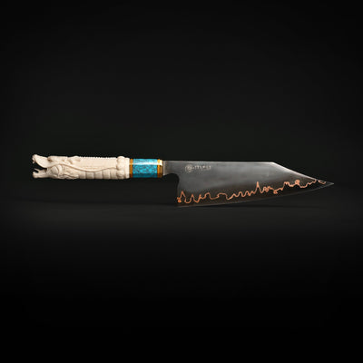 ITAMAE Shenron II Skyfire Kiritsuke knife with carved dragon handle and copper flame hamon, premium collector’s blade.